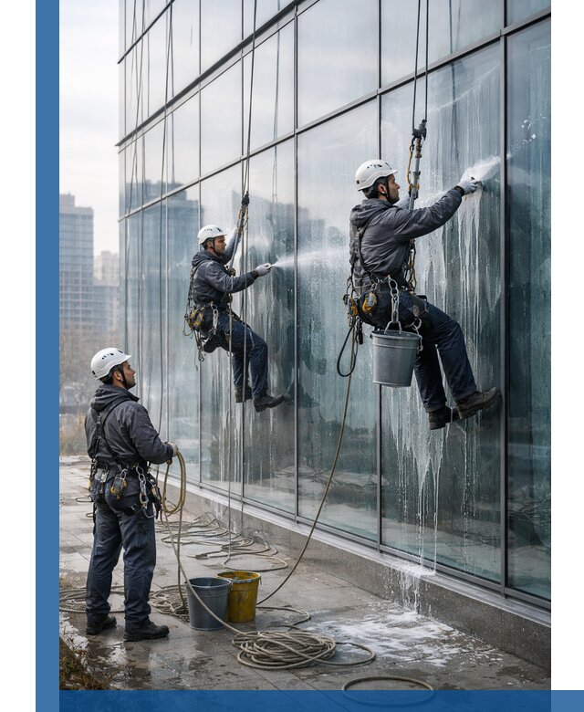 Промышленная мойка панорамных окон на высоте в Красногорске