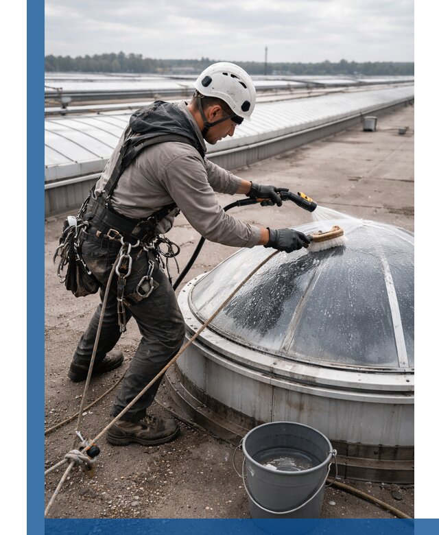 Мойка зенитных фонарей на кровле для промышленных объектов в Красногорске