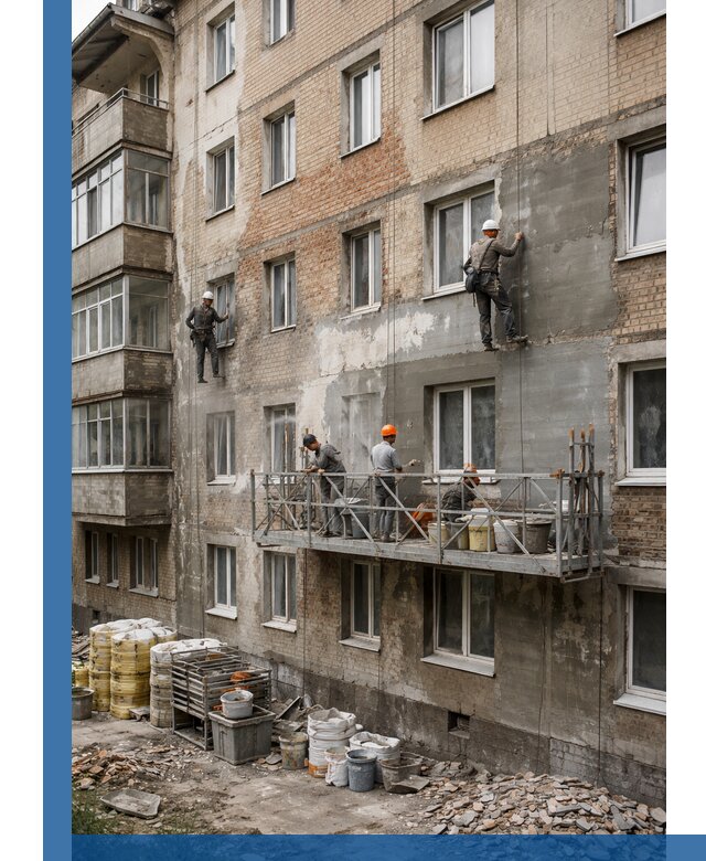 Капитальный ремонт фасада в Красногорске с восстановлением и гидроизоляцией