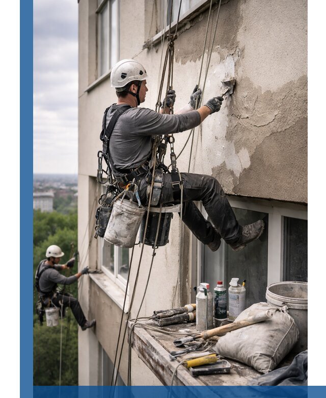 Косметический ремонт фасада зданий в Красногорске промышленными альпинистами