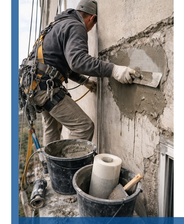 Ремонт бетонных элементов фасада промышленными альпинистами в Красногорске