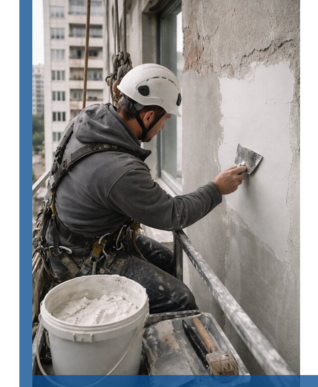 Шпаклевка фасадов на высоте с промальпинистами в Красногорске