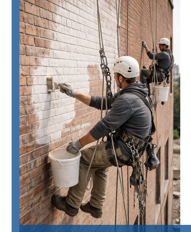 Покраска кирпичного фасада с доступным альпинистским сервисом в Красногорске