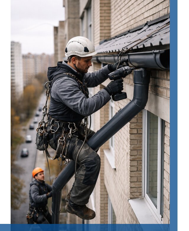 Монтаж водосточной системы на здании в Красногорске от 5081 р. | ВЫСОТНИК-Крр