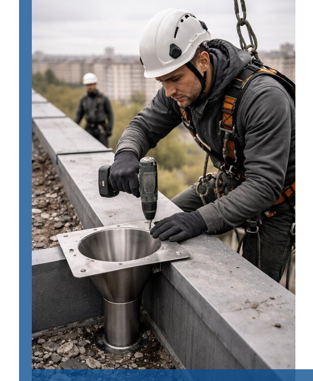 Монтаж водосточных воронок в Красногорске для промышленных зданий