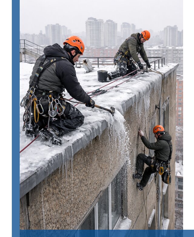 Удаление наледи с кровли в Красногорске промышленными альпинистами