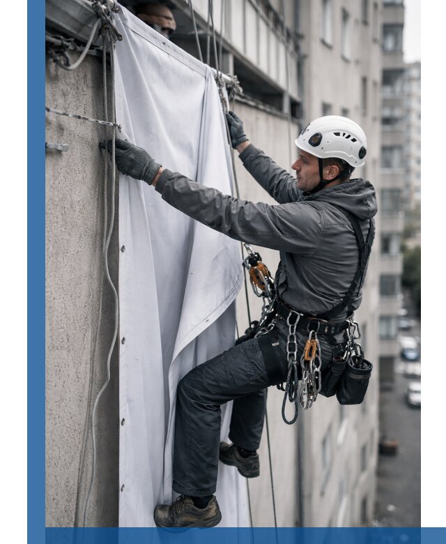 Замена баннерного полотна промышленными альпинистами в Красногорске