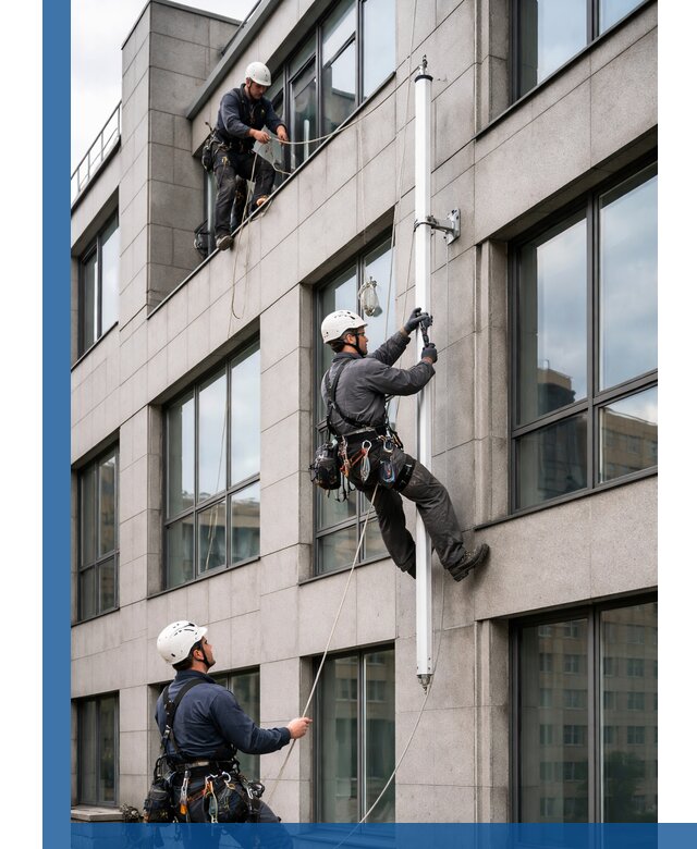 Монтаж флагштока на фасаде здания с креплением и герметикой в Красногорске