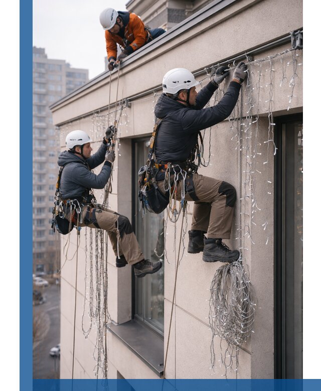 Монтаж праздничных гирлянд на фасаде в Красногорске для зданий