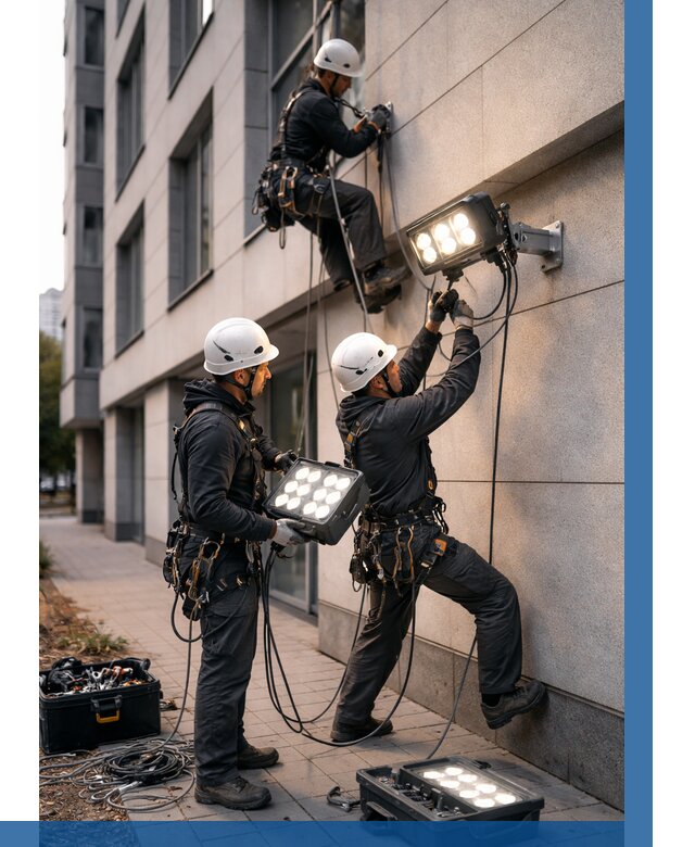 Монтаж прожекторов на фасаде в Красногорске от 7621 р. | ВЫСОТНИК-Крр