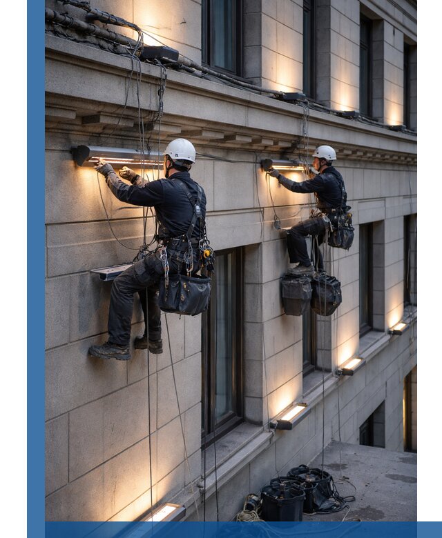 Монтаж архитектурной подсветки фасадов зданий в Красногорске