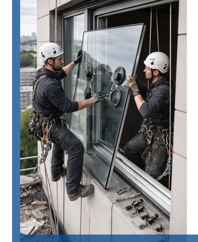 Замена стеклопакетов на высоте с промышленными альпинистами в Красногорске