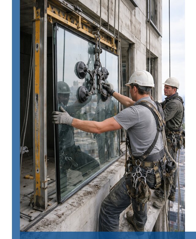 Монтаж стеклопакетов на высоте в Красногорске с промышленным альпинизмом