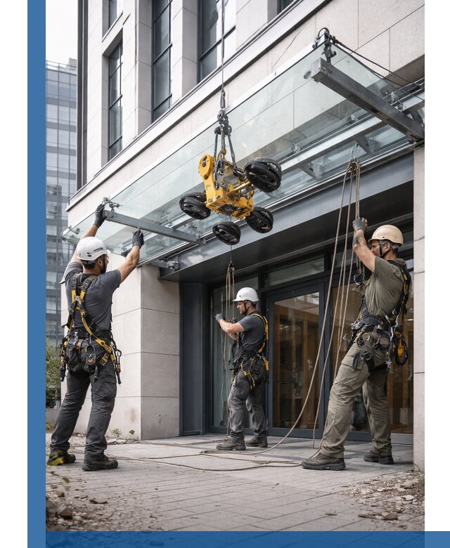 Монтаж стеклянных козырьков под ключ в Красногорске для зданий