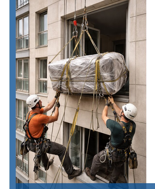 Подъем грузов через окно в Красногорске промышленными альпинистами