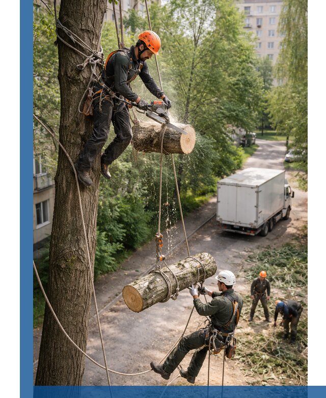 Спил деревьев альпинистами в Красногорске, безопасно и без повреждений