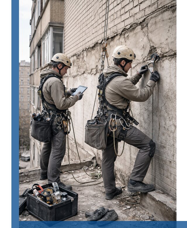 Обследование фасада промышленными альпинистами в Красногорске